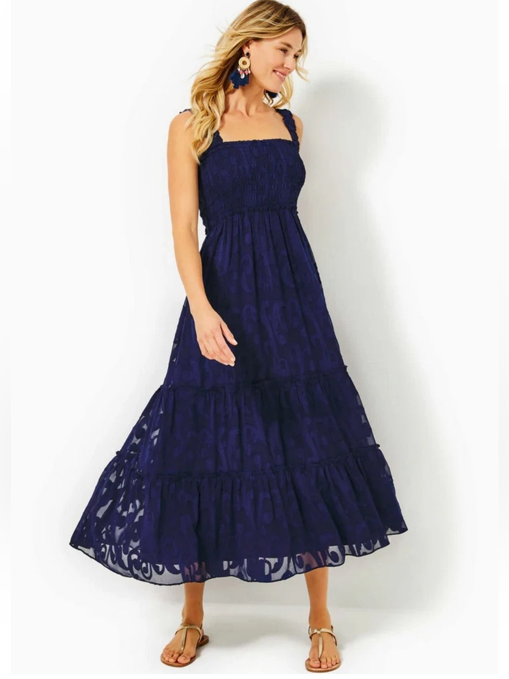 Lilly Pulitzer Hadley Smocked Dress Size Small Navy Blue Costal Side Pockets